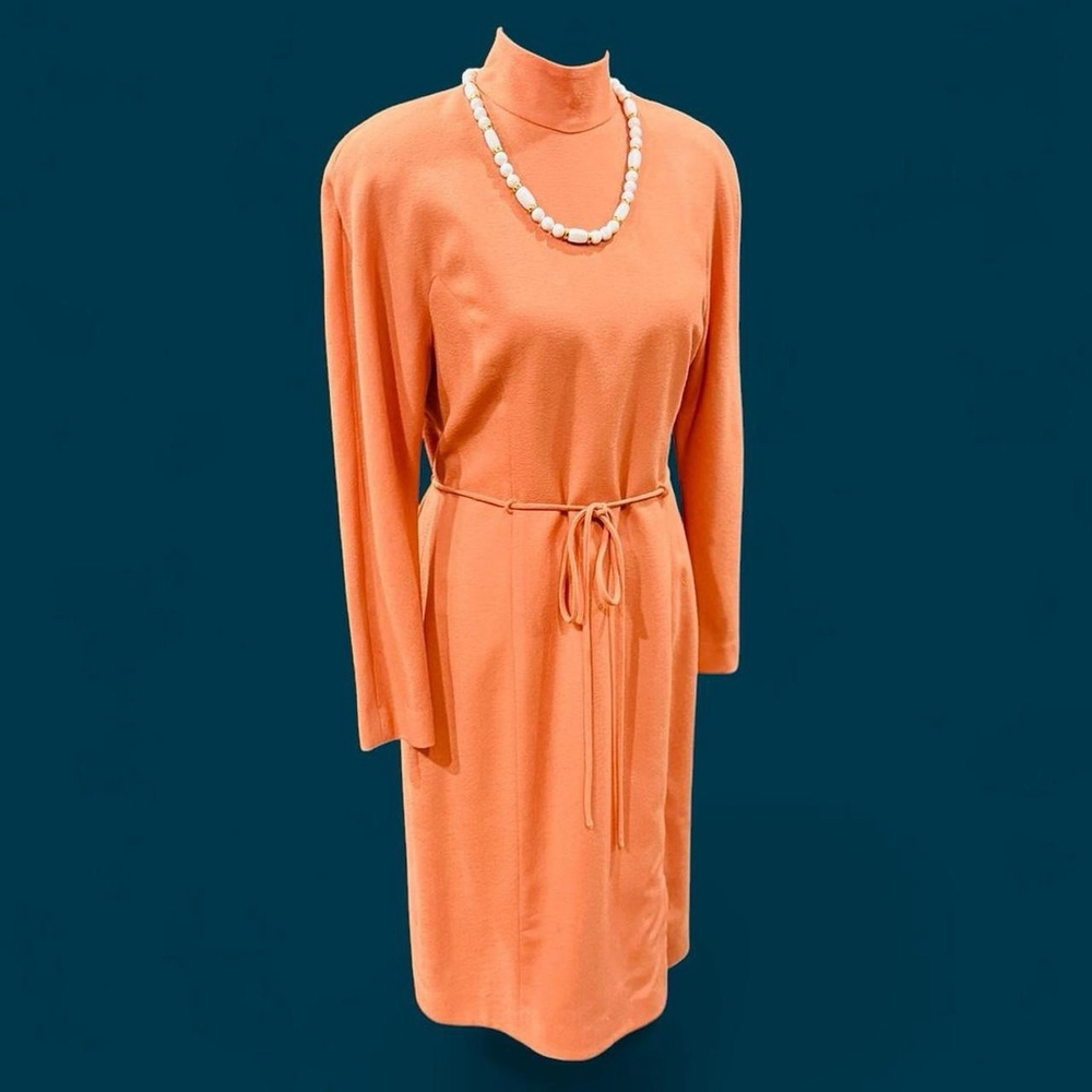 Vintage 80s ROUIE 6 Canada Wool Dress Orange Midi Belted Long Sleeve Coquette